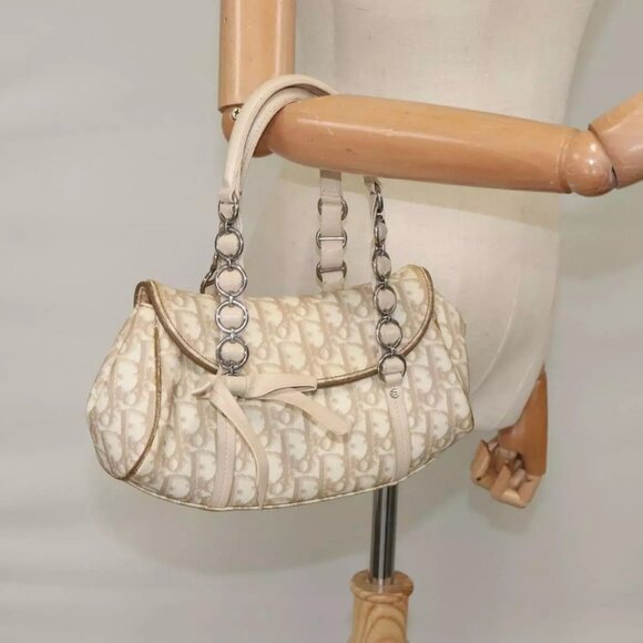 Christian Dior Trotter Canvas Romantic Hand Bag PVC Beige Silver Auth 100673 - Picture 16 of 16